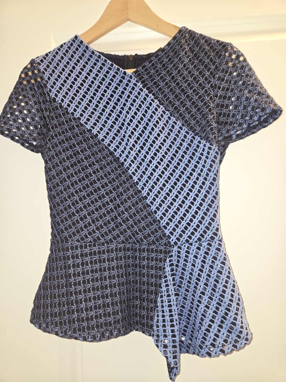 BCBGMaxAzria Navy and Light Blue Crochet Peplum Top